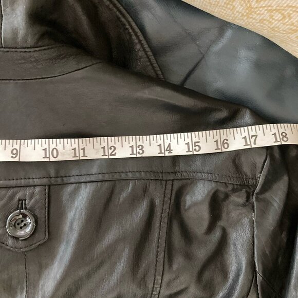 Vintage Wilsons Leather Jacket Black Trench Over Coat Big Collar Chevron Lined L - Picture 12 of 16